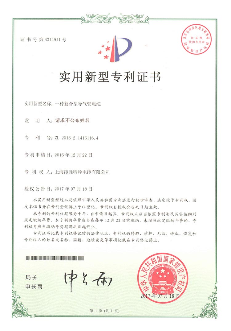 復(fù)合型導(dǎo)氣管電纜專利證書(shū)